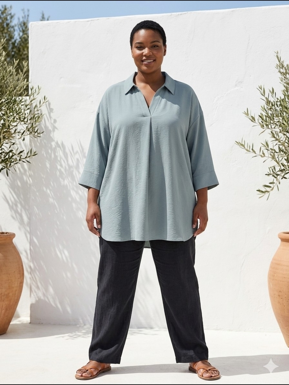 Penningtons Women's Relaxed V-Neck Collared Tunic Top Sage Lagenlook Scandi Chic